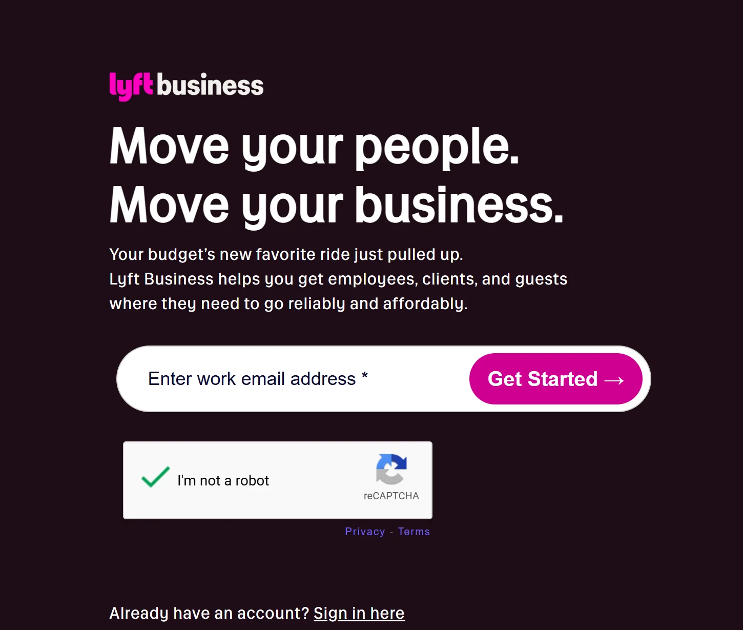 Lyft Business sign-up page with the work email field and Get Started button