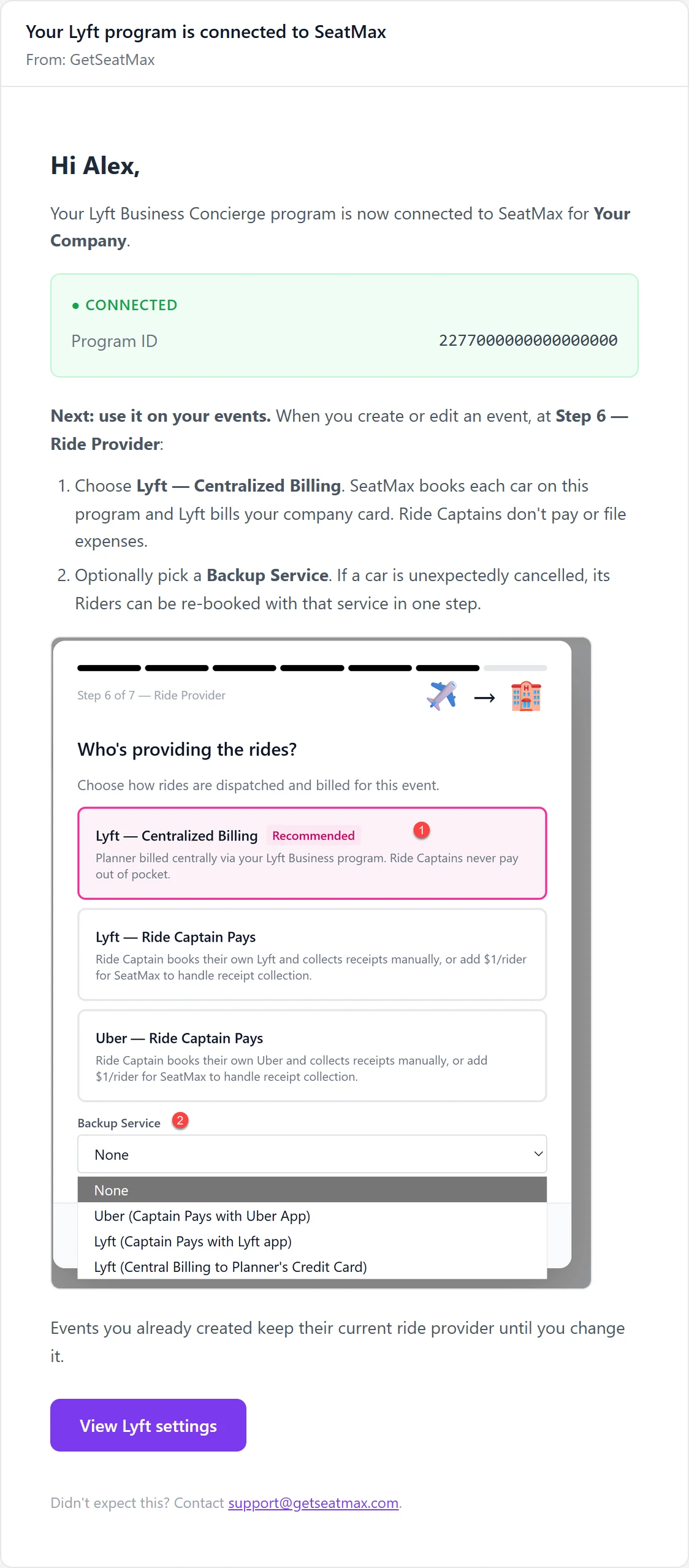 The “Your Lyft program is connected to SeatMax” email