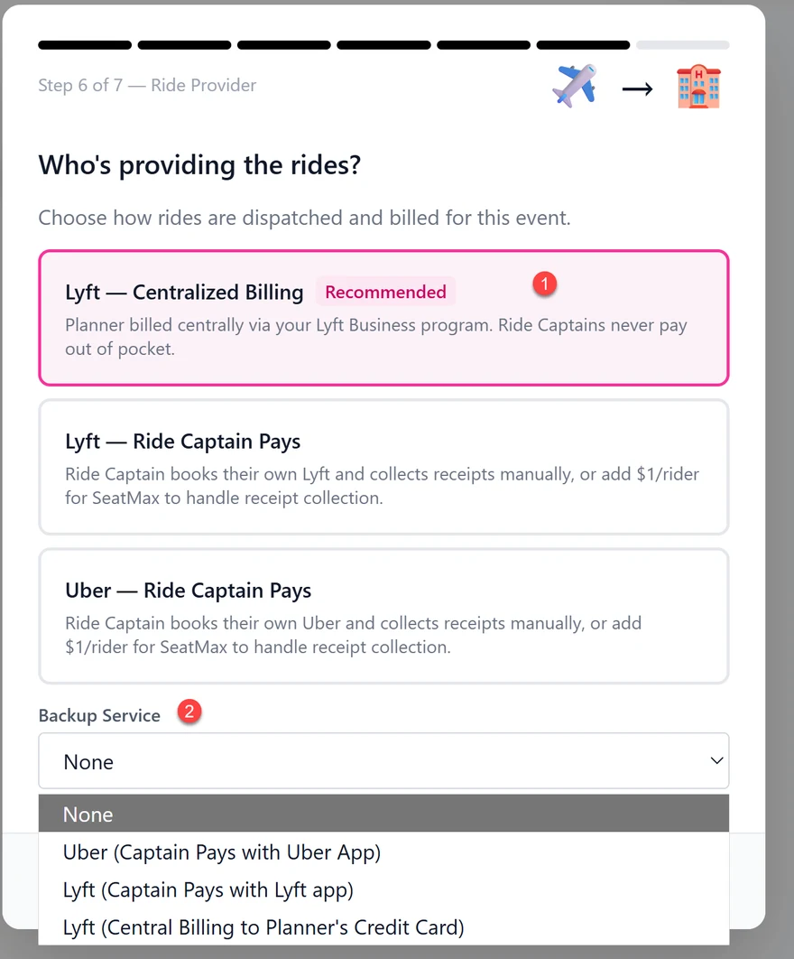 Event setup Step 6: Lyft — Centralized Billing selected, and the Backup Service options