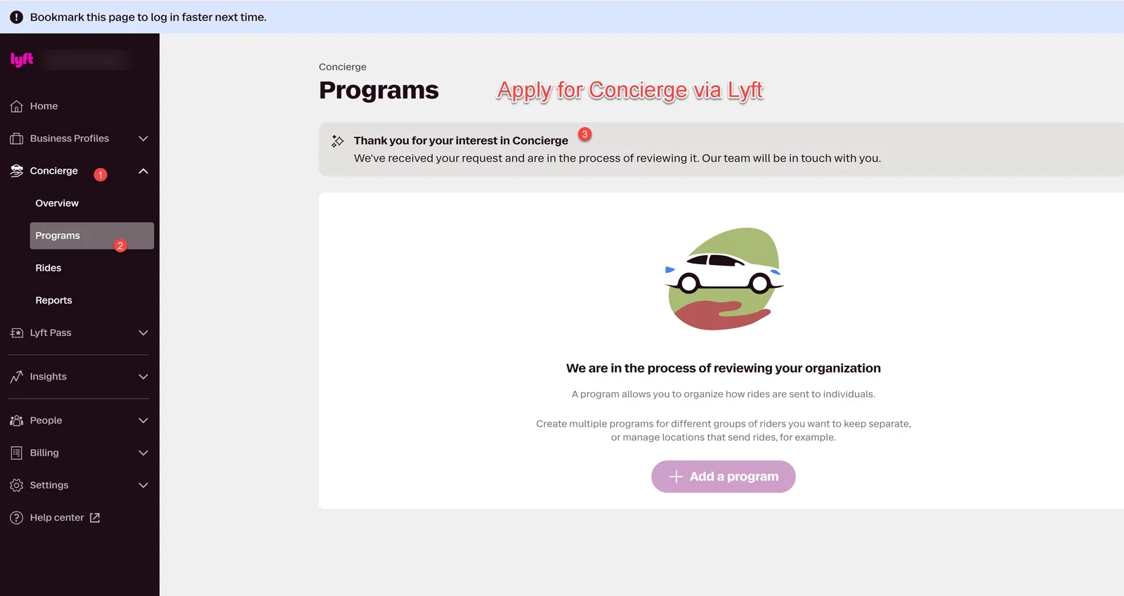 Lyft Concierge Programs page showing the request is under review