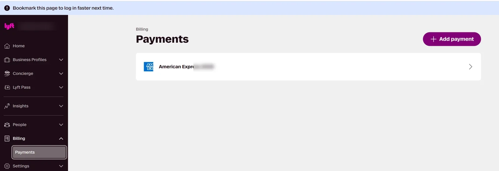 Lyft Business Billing Payments page with an added card