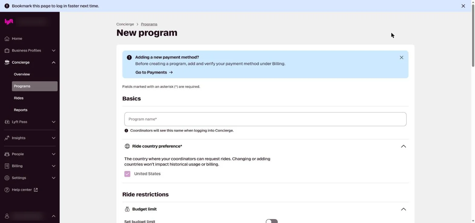 Lyft Concierge New program form with the Program name field