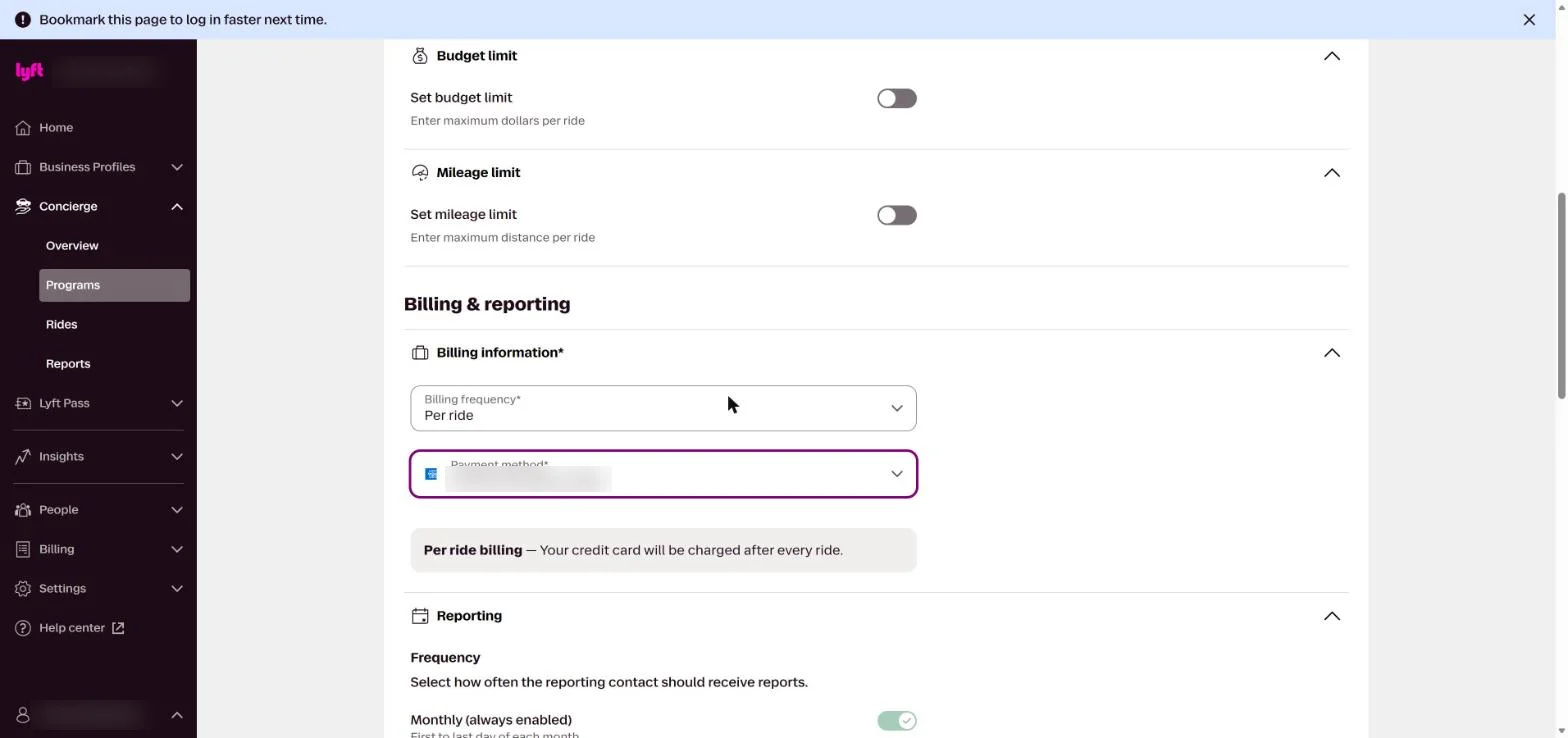 Concierge program billing set to Per ride with a card selected