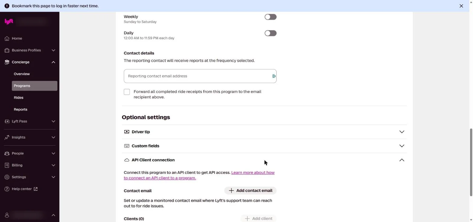 Optional settings with the API Client connection section expanded