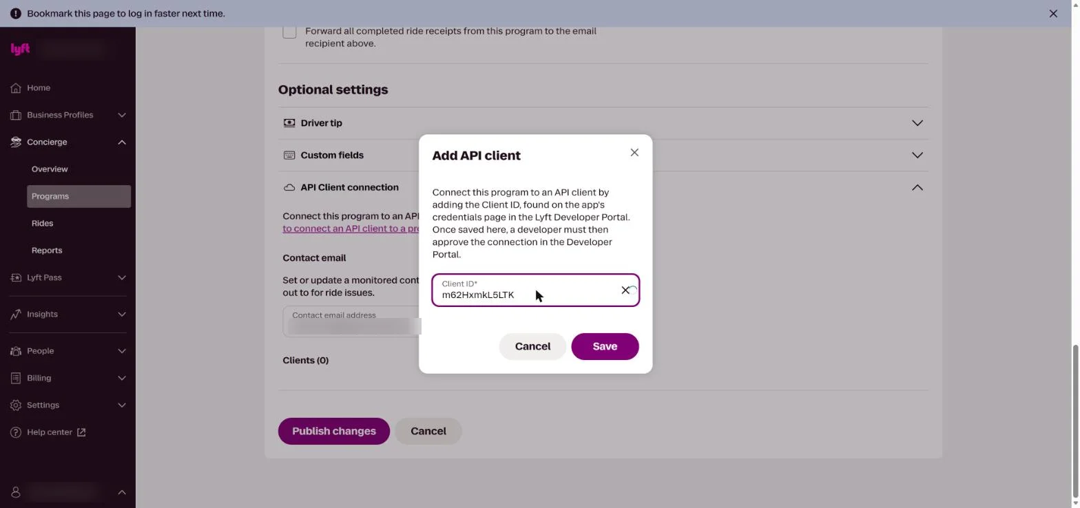 Add API client dialog with the SeatMax Client ID entered