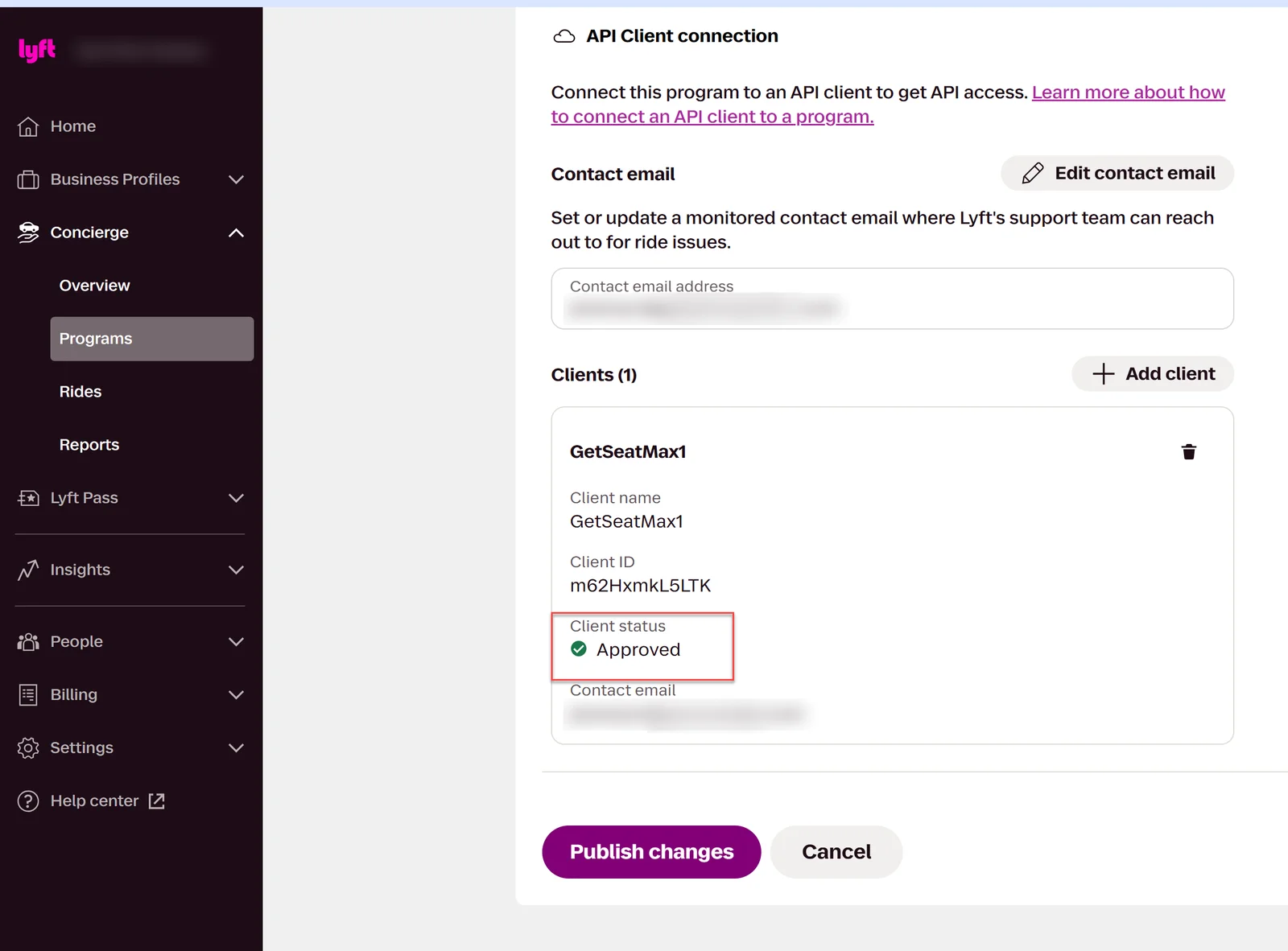 Lyft API Client connection showing the GetSeatMax1 client with status Approved