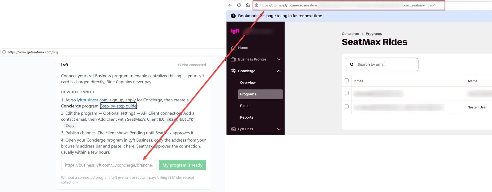 Copying the Concierge program address from the browser bar into the SeatMax Lyft panel